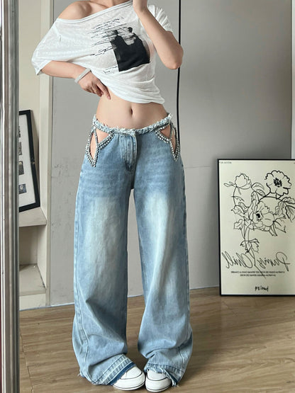 Star Hollow-Out Rhinestone Jeans Loose Wide-Leg Pants