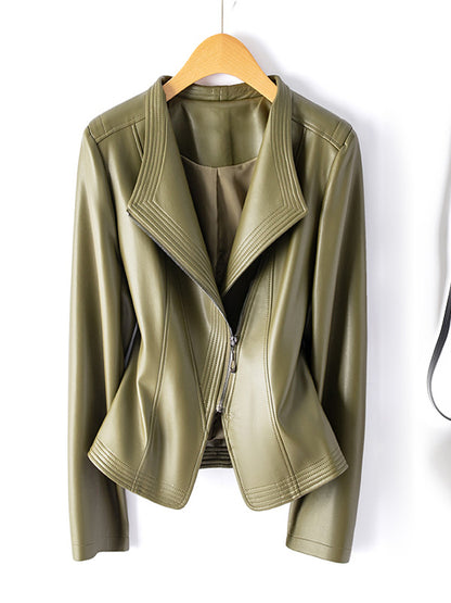 Womens PU Leather Biker Jacket Slim Fit Lapel Zipper
