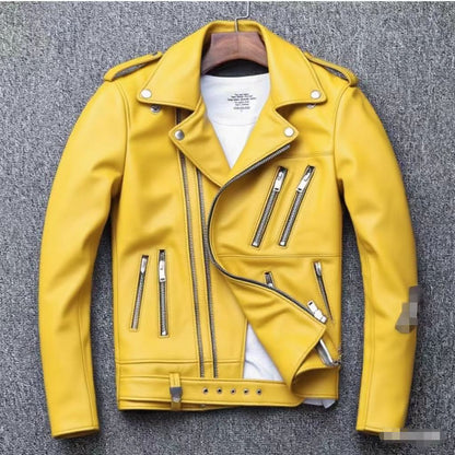 Men's leather jacket with water-washed finish, motorcycle-style men's leather jacket