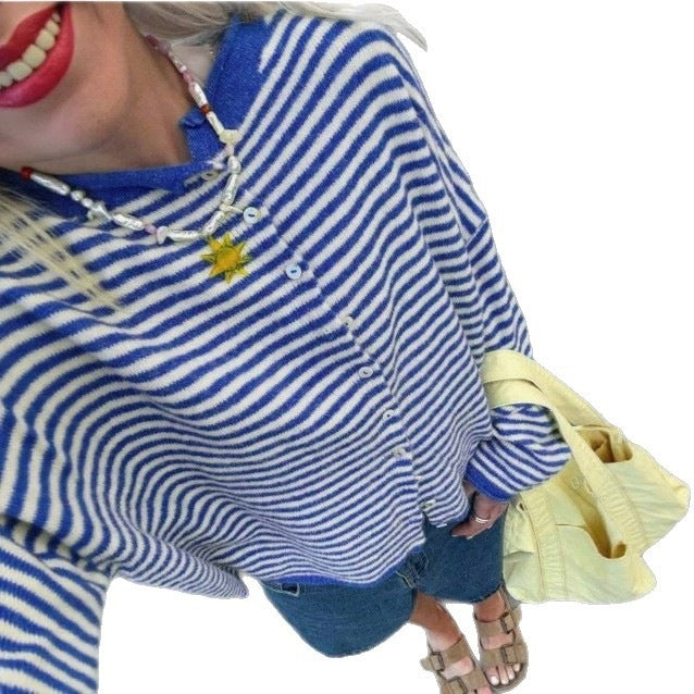 Women's Striped Knit Button-Front Long Sleeve Cardigan