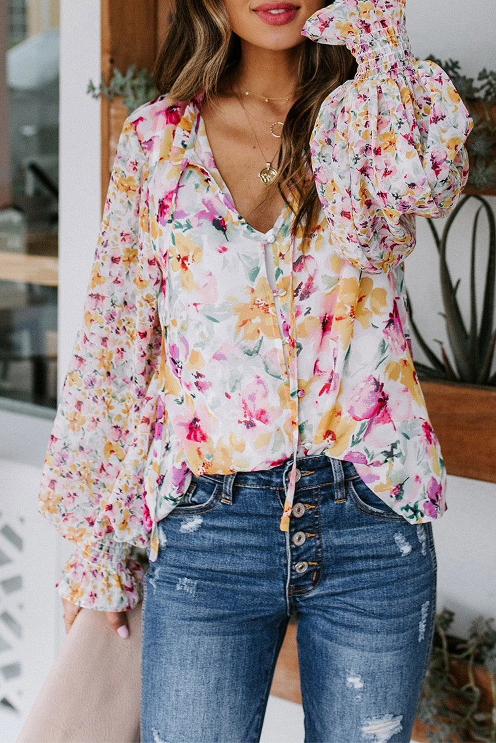 Casual Cakewalk blouse met bloemenprint en smockwerk