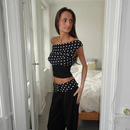 Polka Dots Schuine Schouder Top Met Vetersluiting Of Als Set Met Broek