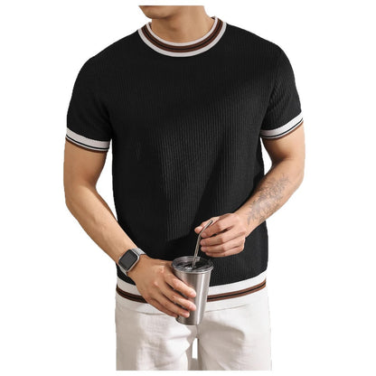 Men's Striped Ice Silk Knit Polo Shirt Short Sleeve Slim Fit Summer Top