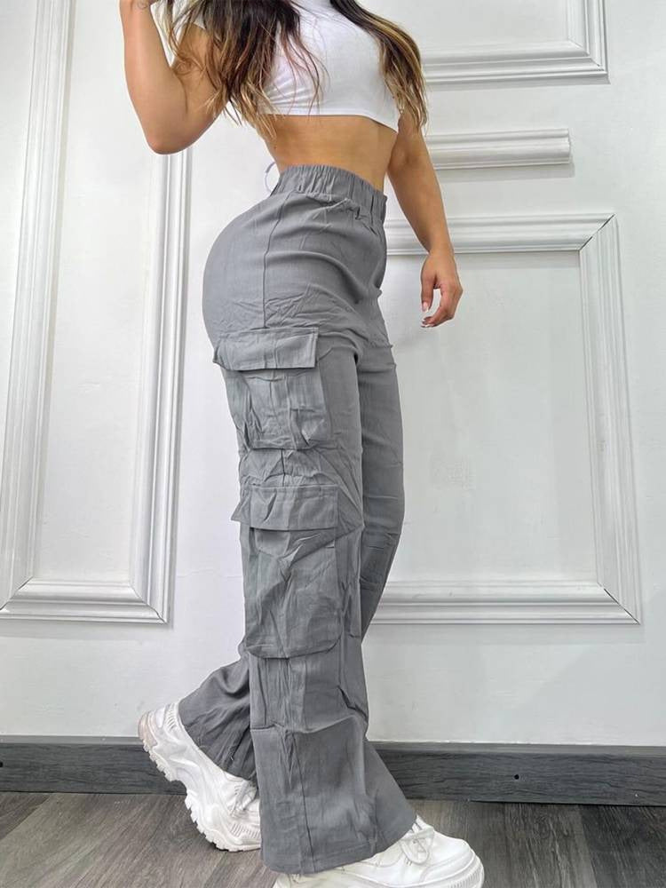 Women High-Waisted Wide-Leg Cargo Pants Multi-Pocket Casual Pants