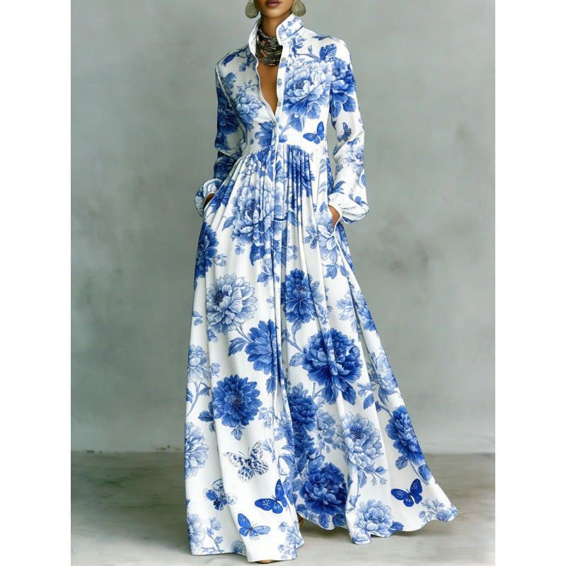 Elegant Waist-Cinching Floral Printed Long Sleeve Dress for Women