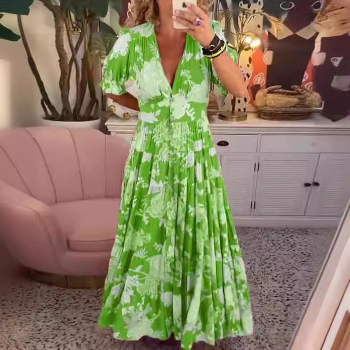Lange jurk met bloemenprint en V-hals en elastische taille