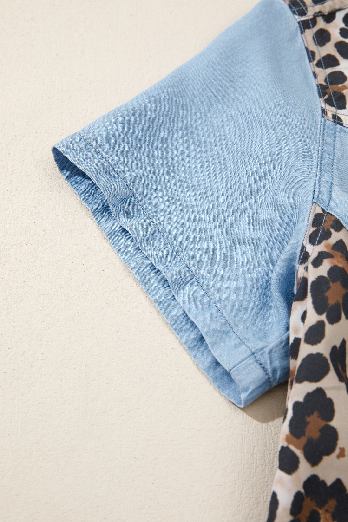 Myosotis Denim Color Block Leopard Patchwork Shirt Collar Mini-jurk