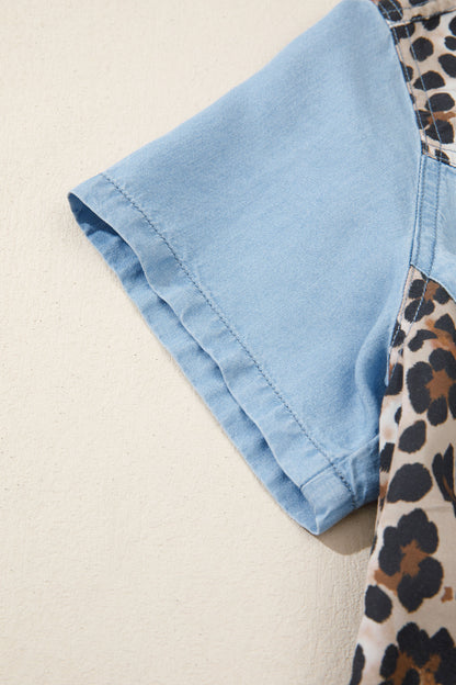 Myosotis Denim Color Block Leopard Patchwork Shirt Collar Mini-jurk