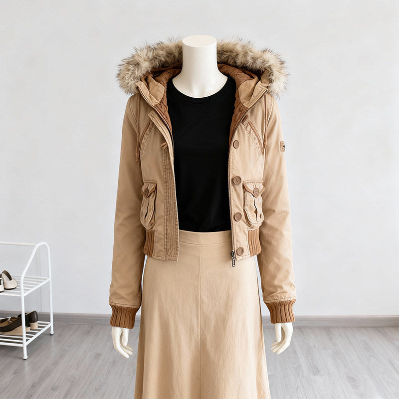 Washed Distressed Slim Jacket with Fur Collar