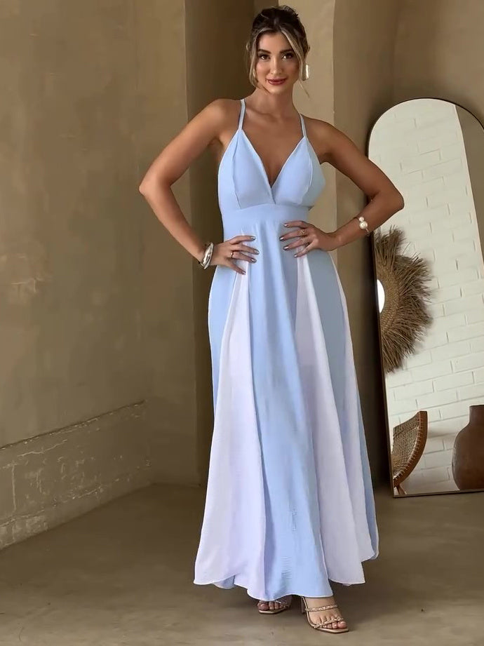 Contrasterende patchwork swingjurk met open rug