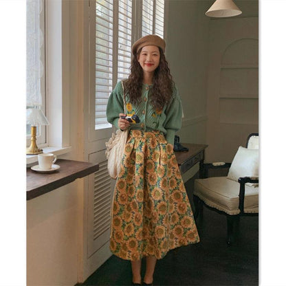 Gebloemde retro jacquard vest en hoge taille midi-rok/ of als set