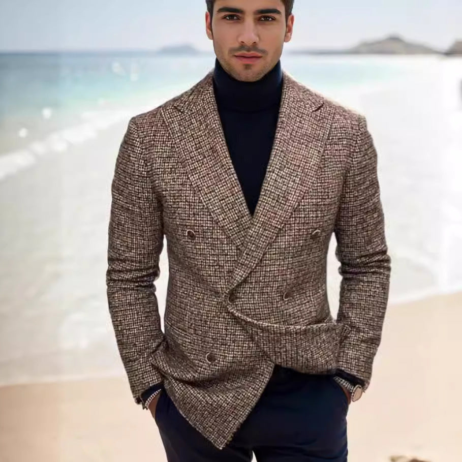 Men's Plaid Double-Breasted Suit Jacket