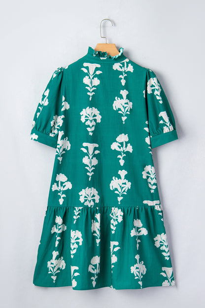 Mini-jurk met ruches V-hals pofmouwen en bloemenprint