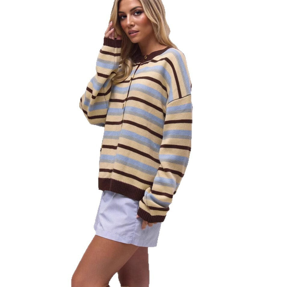 Women's Casual Color-Block Striped Loose Knit Cardigan