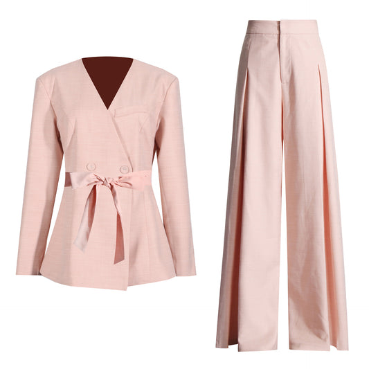 Damesblazer met strikceintuur en rechte broek set maat S