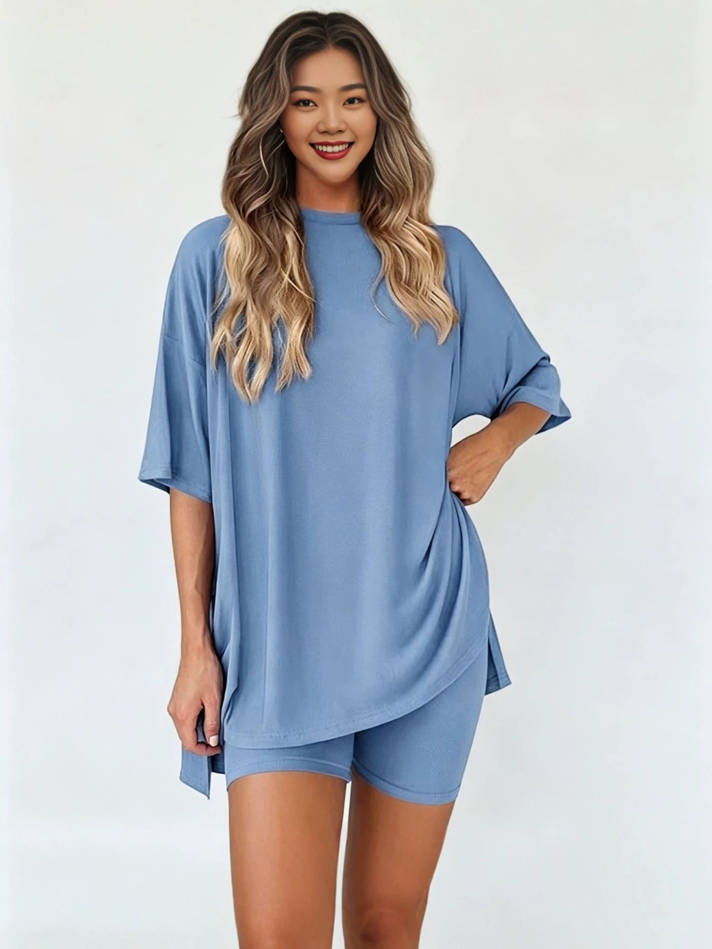 Loose Fit Casual Round Neck Short Sleeve Shorts TwoPiece Set
