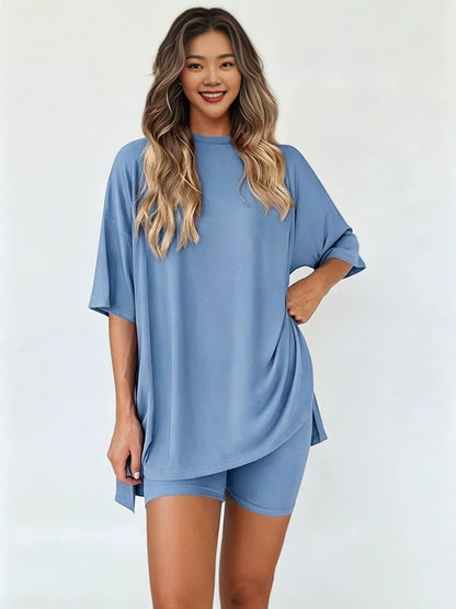 Loose Fit Casual Round Neck Short Sleeve Shorts TwoPiece Set