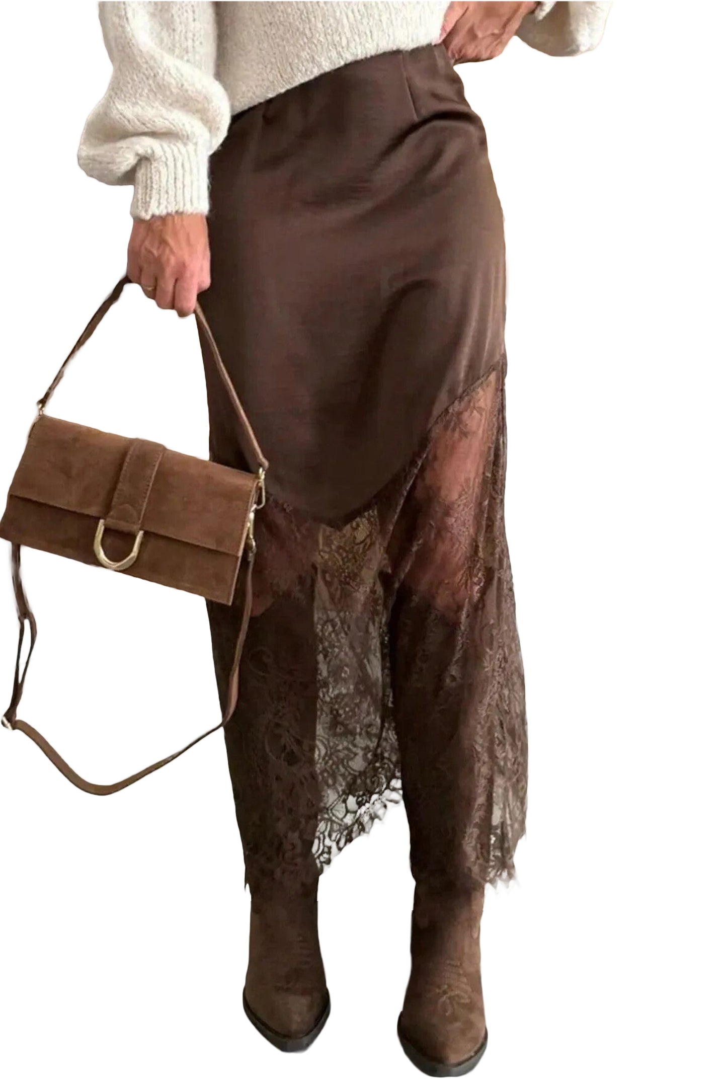 Donkerbruine lange casual rok met kanten patchwork aan de zoom