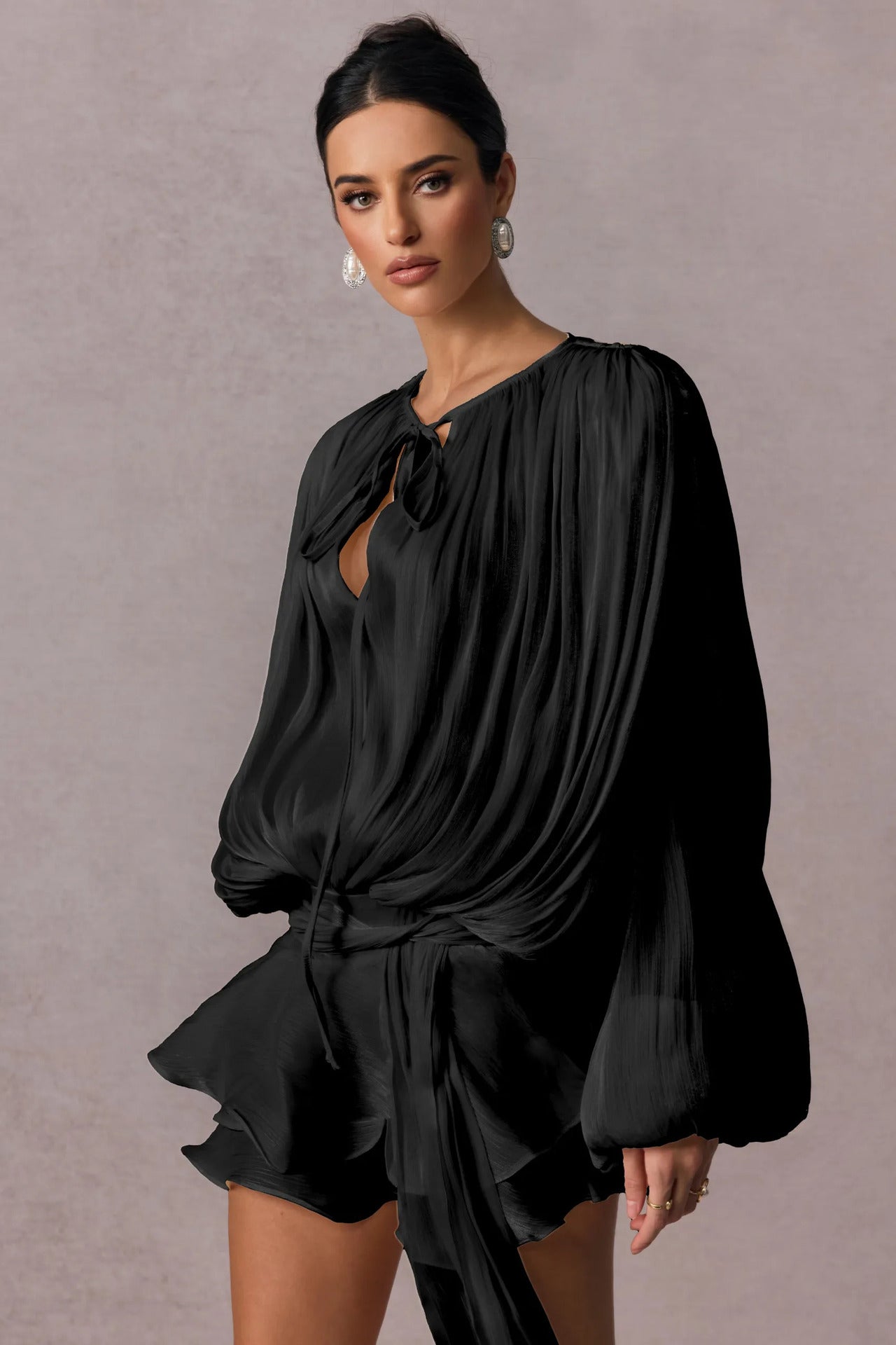 Womens Solid Color Shirt Dress with Tie Detail