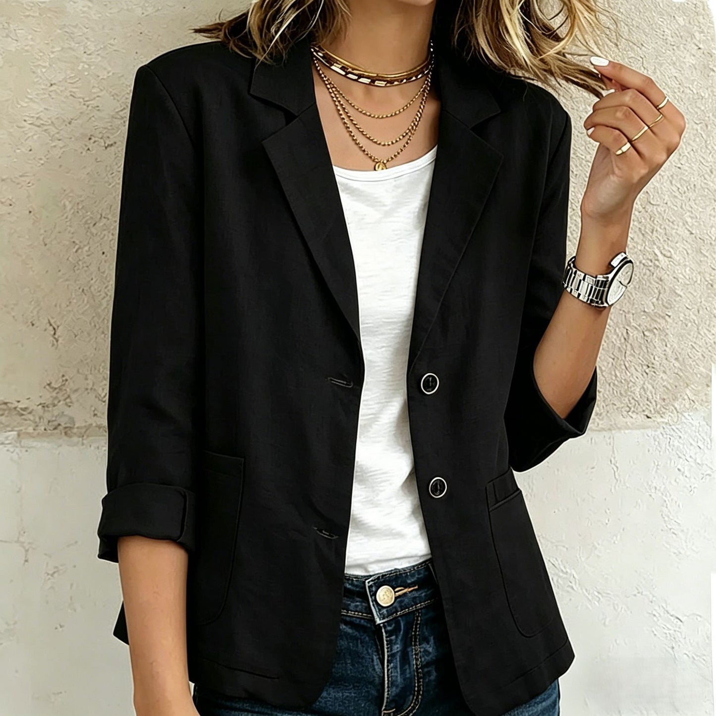 Womens Buttoned Long Sleeve Linen Blend Jacket