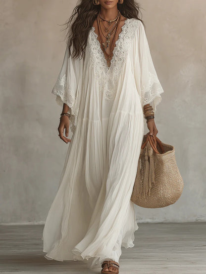 White Lace V-Neck Long Dress with Batwing Sleeves for Beach Holiday