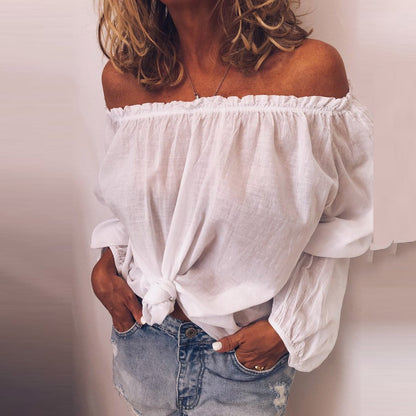 Womens Off The Shoulder Elastic Ruched Cotton Linen Long Sleeve Shirt