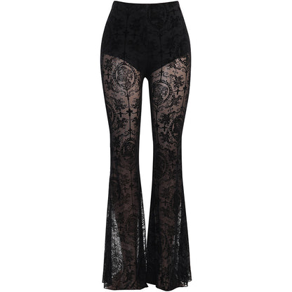 Women's Dark Lace See-Through Gothic High-Waist Slim Fit Flared Long Pants