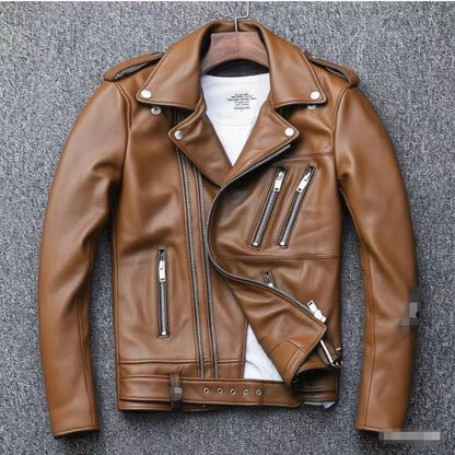 Men's leather jacket with water-washed finish, motorcycle-style men's leather jacket