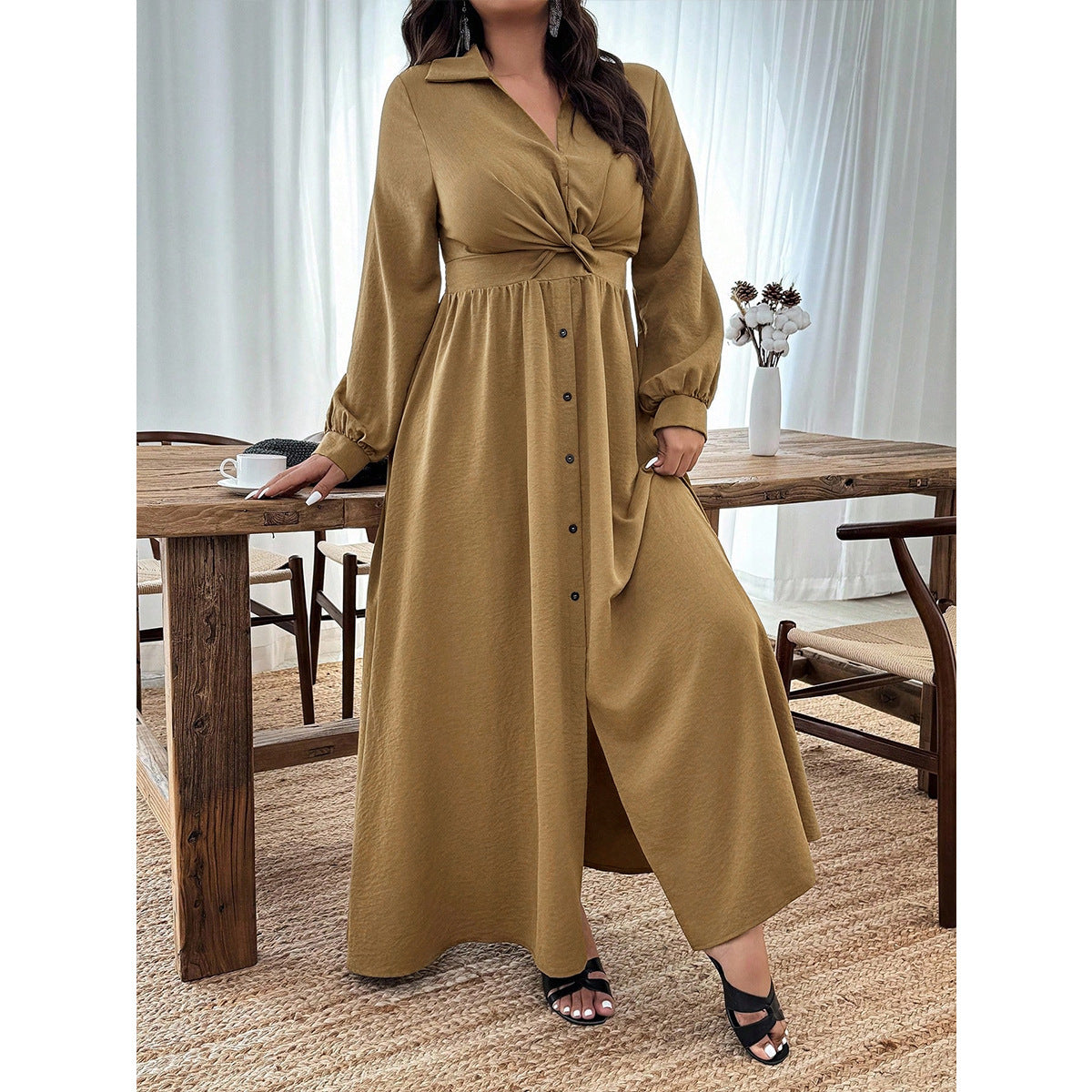 Womens V-Neck Drawstring High Waist Flared Dress