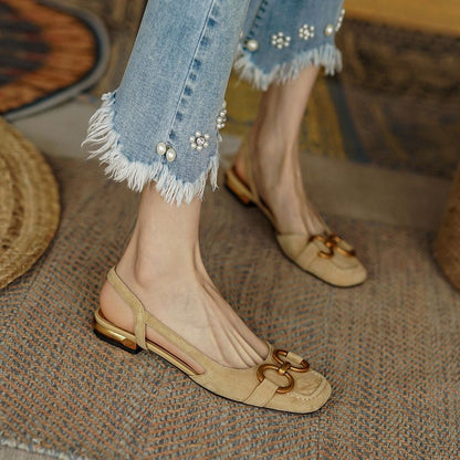 French Style Low Heel Retro Closed Toe Suede Sandals with Horsebit Buckle for Women