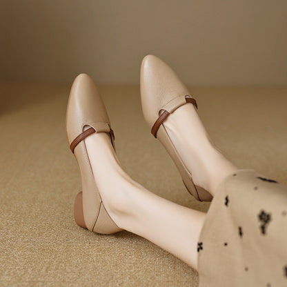 Women Soft Leather Pointed Toe Low Heel Mary Jane Shoes