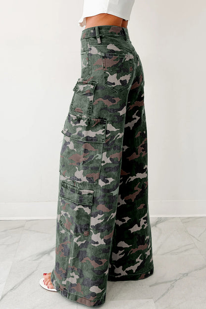Groene camouflage denim cargo broek met wijde pijpen