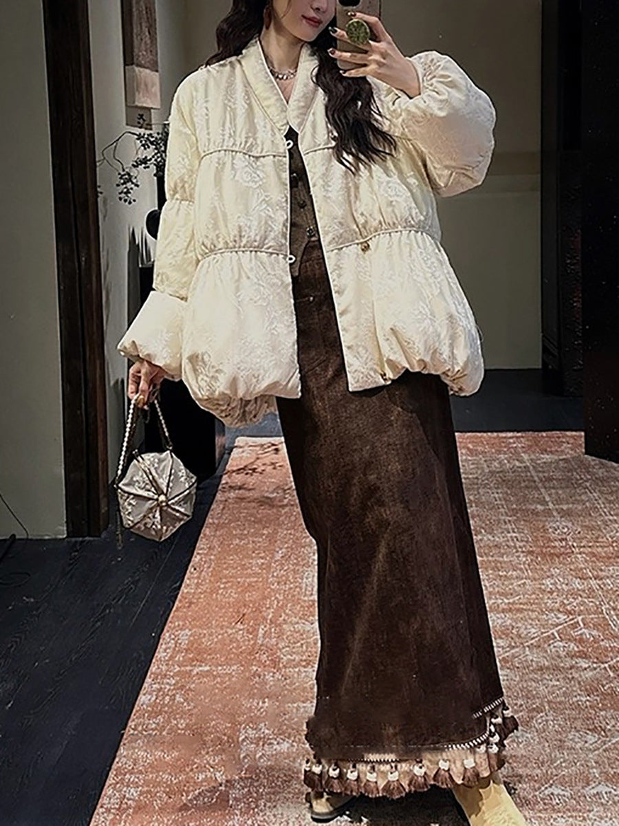 Womens Elegant Ruana Brocade Down Jacket