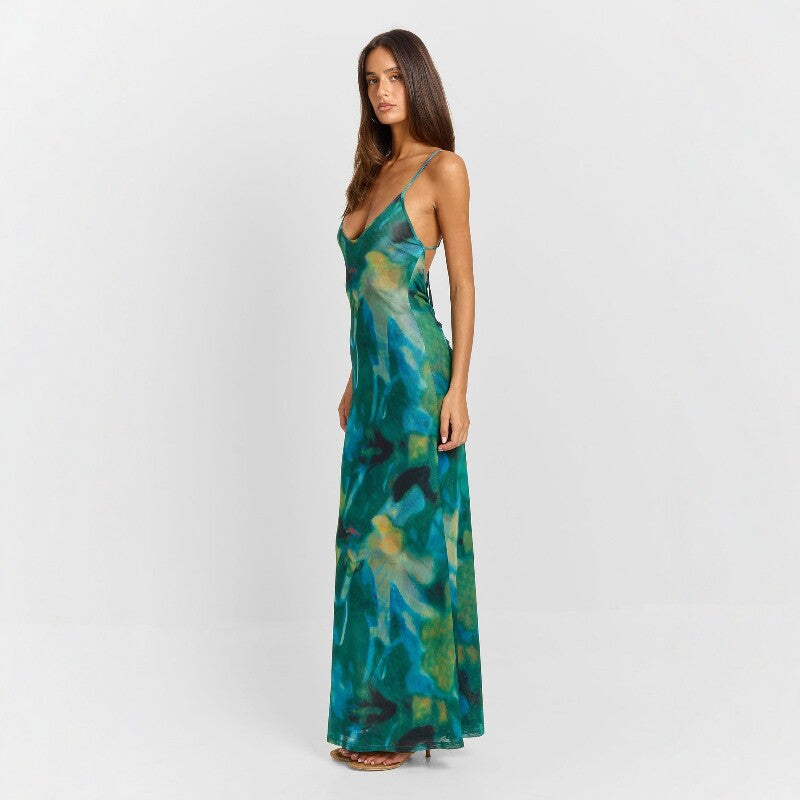 Maxi-jurk met abstracte print U-hals open rug en fishtail-zoom in kleine maten verkrijgbaar