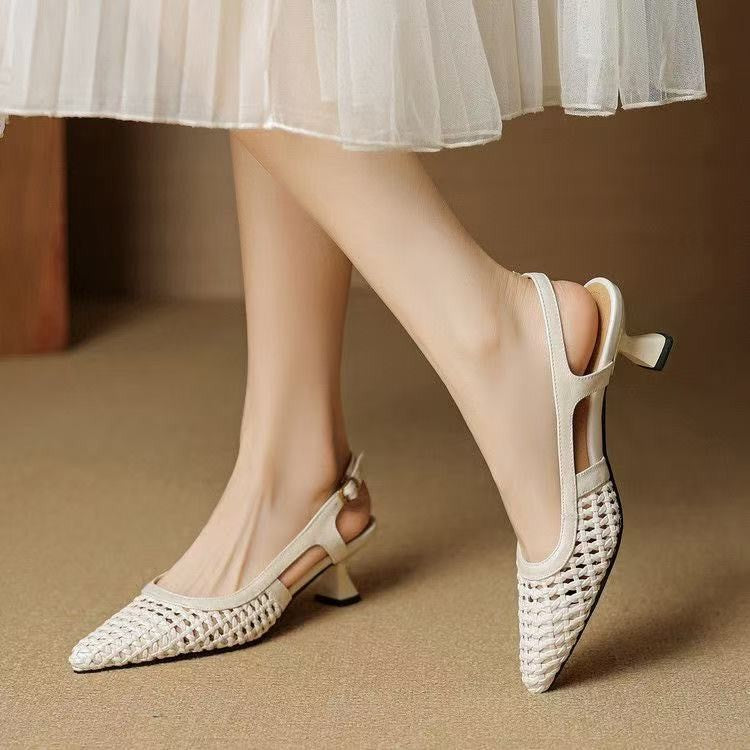 Super Leather French-style pointed-toe hollow-woven platform high heels