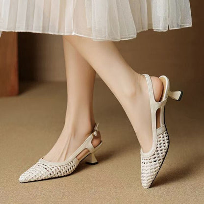 Super Leather French-style pointed-toe hollow-woven platform high heels