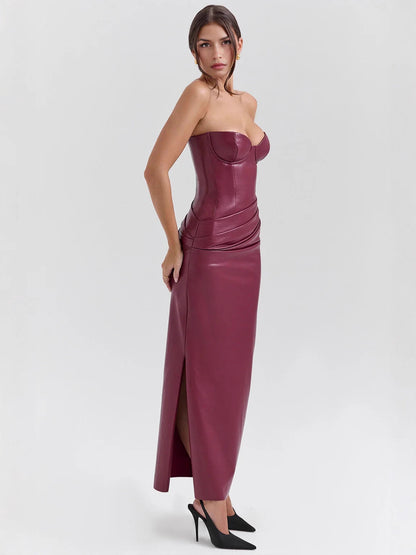Women's PU Leather Strapless Slit Bodycon Evening Dress