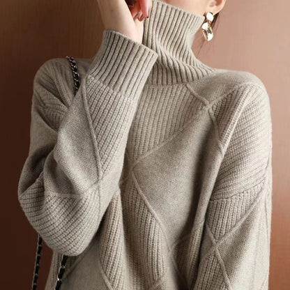 Womens Solid Color High Neck Diamond Pattern Loose Knitwear Sweater