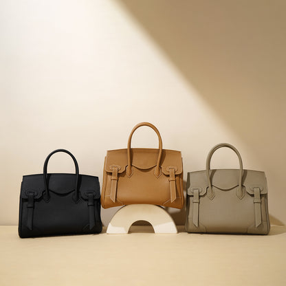 Litchi-patterned genuine top-grain cowhide handbag