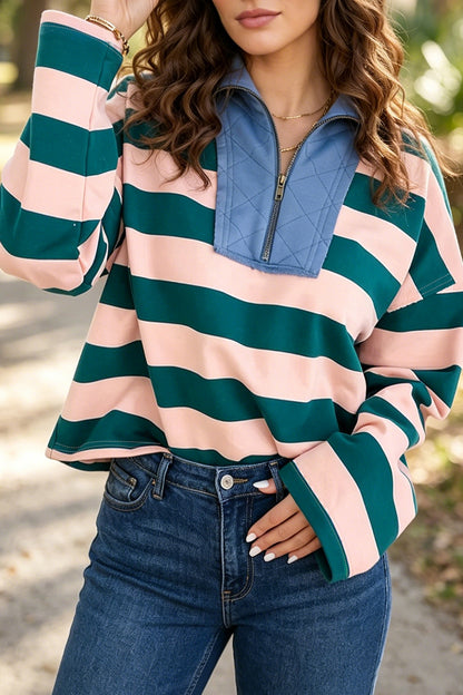 Gestreepte kwartrits sweater met metalen ritssluiting en afgedekte zoom