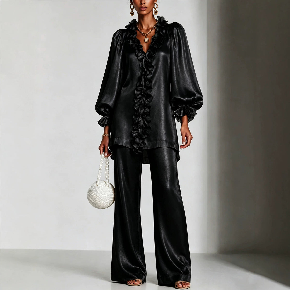 long-sleeve lace V-neck solid color women's clothing