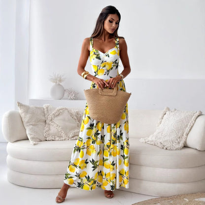 Women's Summer Print Waist Sling Dress Oversized Swing