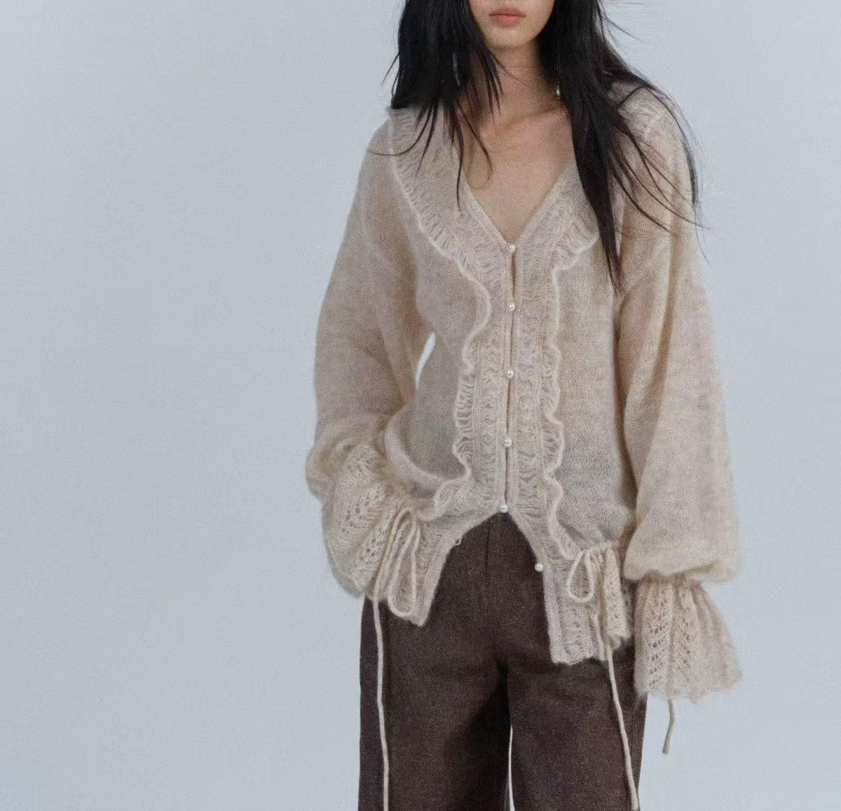 Oversized Mohair Wool Blend Cardigan Sweater with Pearl Buttons