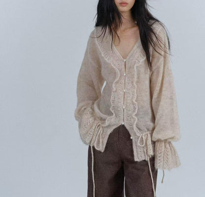 Oversized Mohair Wool Blend Cardigan Sweater with Pearl Buttons