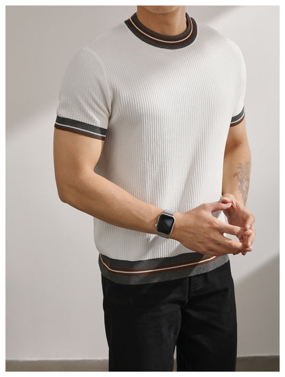 Men's Striped Ice Silk Knit Polo Shirt Short Sleeve Slim Fit Summer Top
