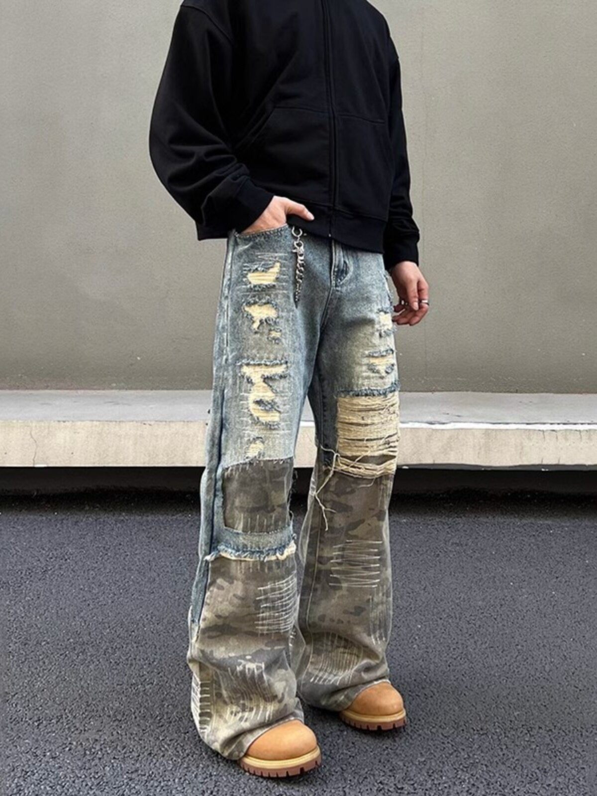 Vintage Camouflage Stitching Ripped Heavy Jeans