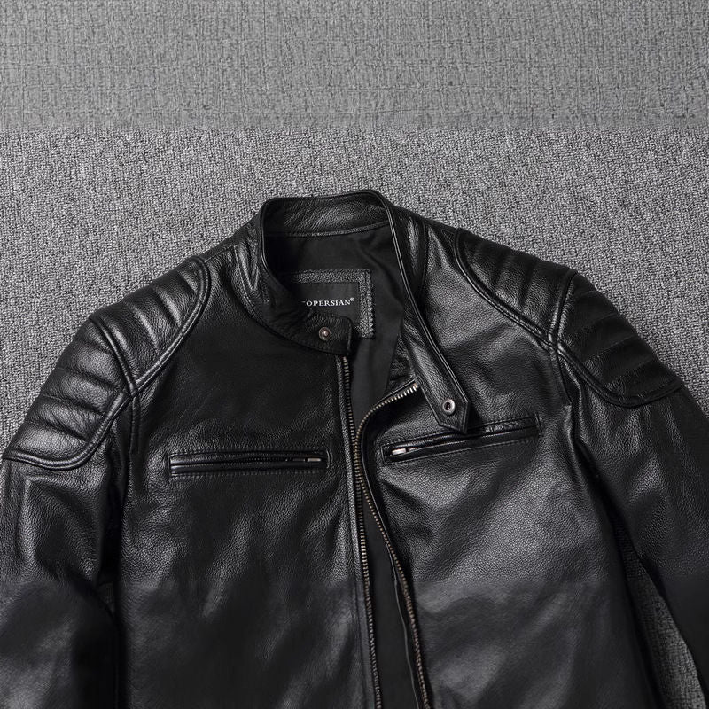 Men's Cowhide Leather Biker Jacket Windproof Stand Collar