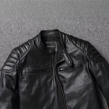 Men's Cowhide Leather Biker Jacket Windproof Stand Collar