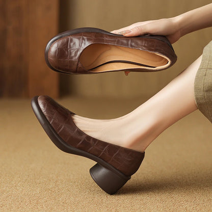 Womens Genuine Leather Round Toe Thick Heel Loafers Comfortable Retro Flats