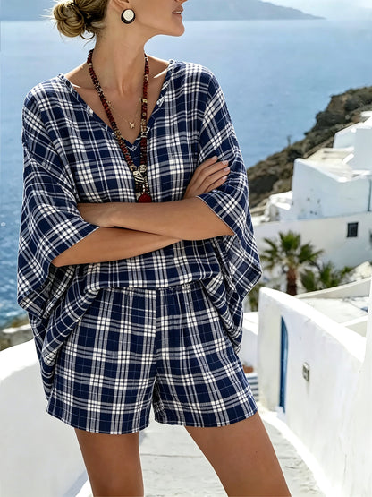 Printed V-Neck Loose Casual Two-Piece Women Fashion Vacation Shorts Set